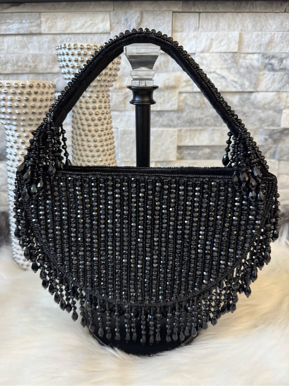 Black Beaded Fringe Evening Clutch - Women's Wristlet